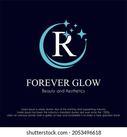 Initial Letter R with Glowing Shine Sparkle for Clean, Beauty, Glowing Facial, Cosmetic, Aesthetic Service, Fashion Business Logo Concept Design