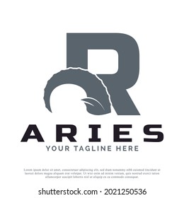 Initial Letter R with Goat Ram Sheep Horn for Aries Logo Design Inspiration. Animal Logo Element Template