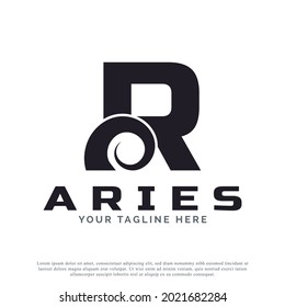 Initial Letter R with Goat Ram Sheep Horn for Aries Logo Design Inspiration. Animal Logo Element Template