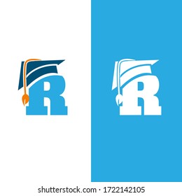 Initial letter R with graduation hat isolated white and blue background. Unique letter R in flat style. Vector illustration EPS.8 EPS.10