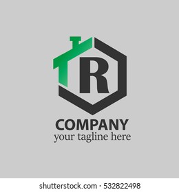 Initial letter R green black logo in the middle of vector home design icon with hexagonal shape, good logo for company, corporate, property, construction, real estate company/corporate