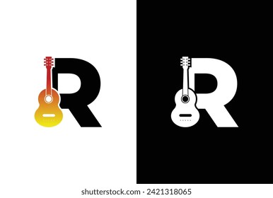 Initial Letter R with Guitar logo design. Music company with R letter guitar logo design template for brand or company and other.