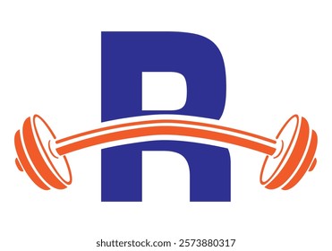 Initial Letter R Gym Logo Design Concept With Straight and Curved Barbell Symbol. Fitness Sign, Bodybuilding, Workout Vector