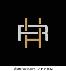 Initial letter R and H, RH, HR, overlapping interlock logo, monogram line art style, silver gold on black background