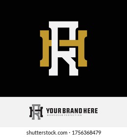 Initial letter R, H, RH or HR overlapping, interlock, monogram logo, white and gold color on black background