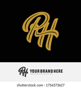 Initial letter R, H, RH or HR overlapping, interlock, monogram logo, gold color on black background