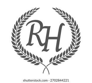 Initial letter R and H, RH monogram logo design with laurel wreath. Luxury calligraphy font.