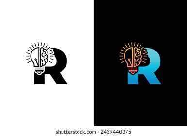 Initial letter R half of light bulb and brain isolated on white background. Letter R brain bulb logo vector design template.