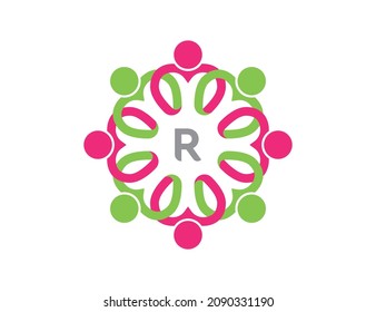 carta inicial R Grupo de personas con forma de corazón. Plantilla de ilustraciones vectoriales de iconos del logotipo de equipo.