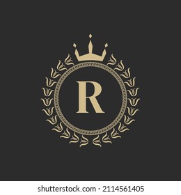 Ursprünglicher Buchstabe R Heraldischer Königsrahmen mit Kronen und Laurel Wreath. Einfaches klassisches Emblem. Runde Zusammensetzung. Grafikstil. Kunstelemente für Vektorgrafik-Logo-Design