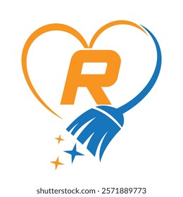 Initial Letter R House Clean Logo Concept With Cleaning Brush and Heart Symbol. Broom Sign