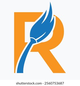 Initial Letter R House Cleaning Logo Concept With Clean Brush Symbol Vector Template