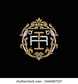 Initial letter R and I, RI, IR, decorative ornament emblem badge, overlapping monogram logo, elegant luxury silver gold color on black background