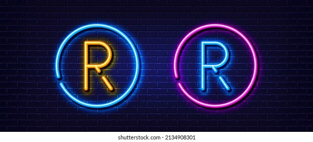 Initial letter R icon. Neon light line effect. Line typography character sign. Large first font letter. Glowing neon light element. Letter R glow 3d line. Brick wall banner. Vector