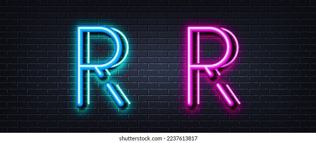 Initial letter R icon. Neon light line effect. Line typography character sign. Large first font letter. Glowing neon light element. Letter R glow 3d line. Brick wall banner. Vector