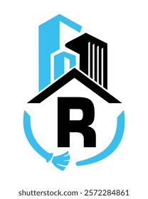 Initial Letter R Industrial Cleaning Logo Concept With Cleaning Brush and Building Symbol. Broom Sign