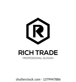 Initial letter R inside Hexagon with arrow shape. Modern black logo template for business or finance.