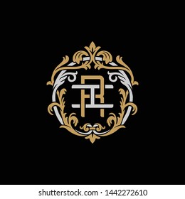 Initial letter I and R, IR, RI, decorative ornament emblem badge, overlapping monogram logo, elegant luxury silver gold color on black background
