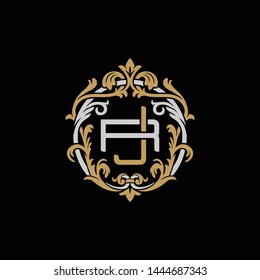 Initial letter R and J, RJ, JR, decorative ornament emblem badge, overlapping monogram logo, elegant luxury silver gold color on black background