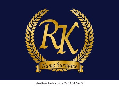 Anfangsbuchstabe R und K, RK-Monogramm-Logo-Design mit Lorbeerkranz. Luxuriöse goldene Kalligrafie Schriftart.