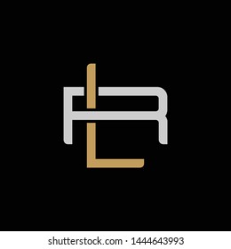 Initial letter R and L, RL, LR, overlapping interlock logo, monogram line art style, silver gold on black background