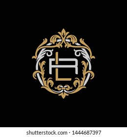 Initial letter R and L, RL, LR, decorative ornament emblem badge, overlapping monogram logo, elegant luxury silver gold color on black background