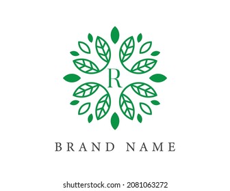 letra inicial Ilustraciones del vector con el logotipo de la flor de hoja R. Diseño de logotipo vectorial para productos naturales, florería, cosméticos, floral, orgánica, ecología, salud, spa.
