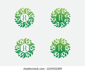 initial Letter R Leaf Flower Logo Concept symbol icon sign Design Element. Hexagon, Natural Products, Cosmetics, Ecology, Health Care, Spa, Floral Logotype. Vector illustration template
