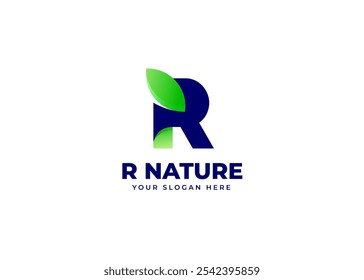 Initial Letter R with Leaf Icon Symbol Logo Inspiration. Green Leaf Symbol on Letter R Logo Design. Green and Natural Branding for Eco Business Identity. Alphabet Vector Logo Illustration.