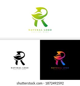 Letra inicial R con elemento de concepto vectorial del logotipo de hoja, logotipo de letra R con hoja orgánica