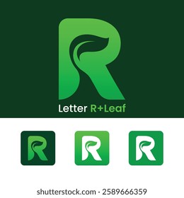 Initial letter R leaf logo design green gradient organic leaf logo
