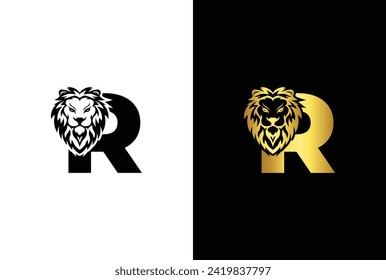 Initial Letter R Lion Head , Elegant Luxury Logo Design Vector. Lion head inside letter R Abstract, creative emblem for logotype, brand identity, company design.