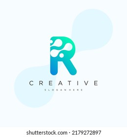 Initial Letter R Logo art. Blue Gradient Linear Rounded Style with Connected Liquid Dots . Usable for Business Science and Technology Logos. Flat Vector Logo Design Template Element.