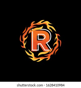 Initial Letter R Logo Design inside Circle Fire or Flames