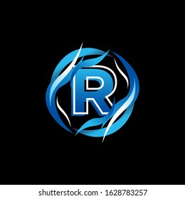 Initial Letter R Logo Design inside Circle Water or Waves