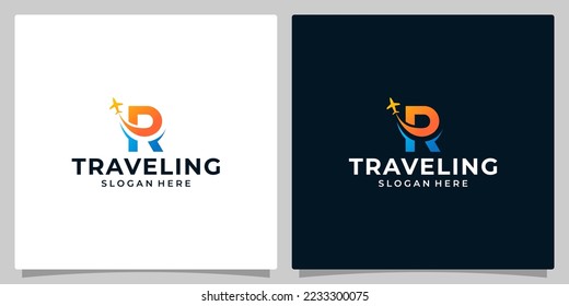 Plantilla de diseño del logotipo R de la letra inicial con diseño gráfico de viajes de aire. Ilustración vectorial de viajes. Icono del avión, símbolo, creativo.