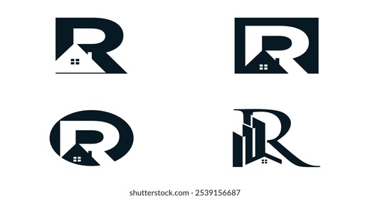 Initial letter r logo design collection template with house icon and creative concept Premium Vector