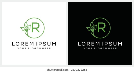 Diseño inicial del logotipo de la letra R, Vector gráfico de la moda y de la belleza de los cosméticos, concepto verde del icono de la hoja
