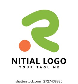 Diseño inicial del logotipo de la letra R con el icono naranja de la Plantilla del negocio del punto y de la letra verde
