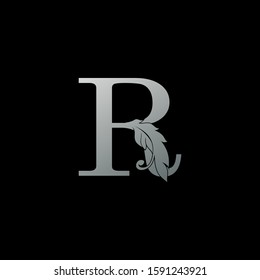 Initial  Letter R Logo Icon Luxury Feather. Monogram silver design concept  luxury feather element and letter logo icon for corporate, lawyer, notary, firm and more brand identity.