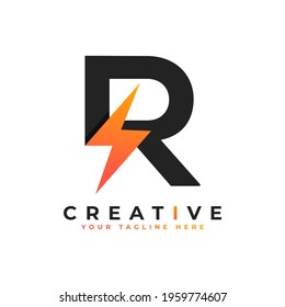 Initial Letter R Logo With Lighting Thunder Bolt. Alphabet Suitable for Fast, Power, Flash, Electric, Identity, Moving and Speed.