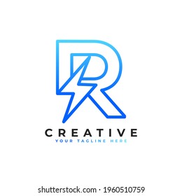 Initialbuchstabe R Logo mit Leuchtstoffbolzen im linearen Stil. Alphabet geeignet für Schnelle, Power, Flash, Electric, Identity, Moving und Speed.