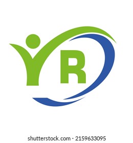 Initial Letter R Logo, Medical Design with Human Symbol. People Healthcare and Letter R Wellness Logo, Fitness Sign