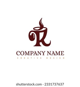 Initial Letter R Logo. Monogram with mug coffee or tea. Coffee shop icon. Aroma symbol. Hot drink cup sign. Vector simply emblem isolated on white background. Design Template Element.