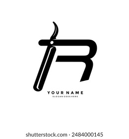 Initial letter R logo with razor. Unique luxury letter R design for salon business signs, haircuts, hair care products and others.