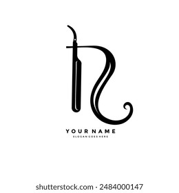 Initial letter R logo with razor. Unique luxury letter R design for salon business signs, haircuts, hair care products and others.