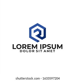 Initial letter R logo template with modern geometric 3d cube hexagonal line art illustration in flat design monogram symbol