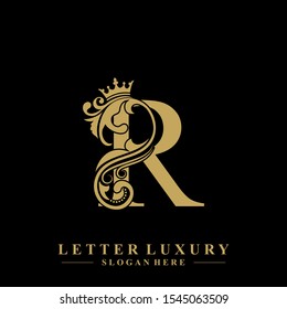 Initial letter R luxury beauty flourishes ornament with crown logo template.