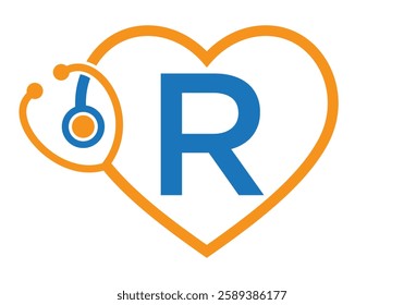 Initial Letter R Medical Logo Concept With Heart and Stethoscope Symbol For Healthcare and Medical Sign