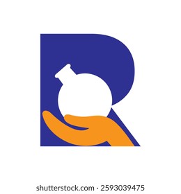Initial Letter R Medicine Logo Concept With Hand And Laboratory Glassware Symbol